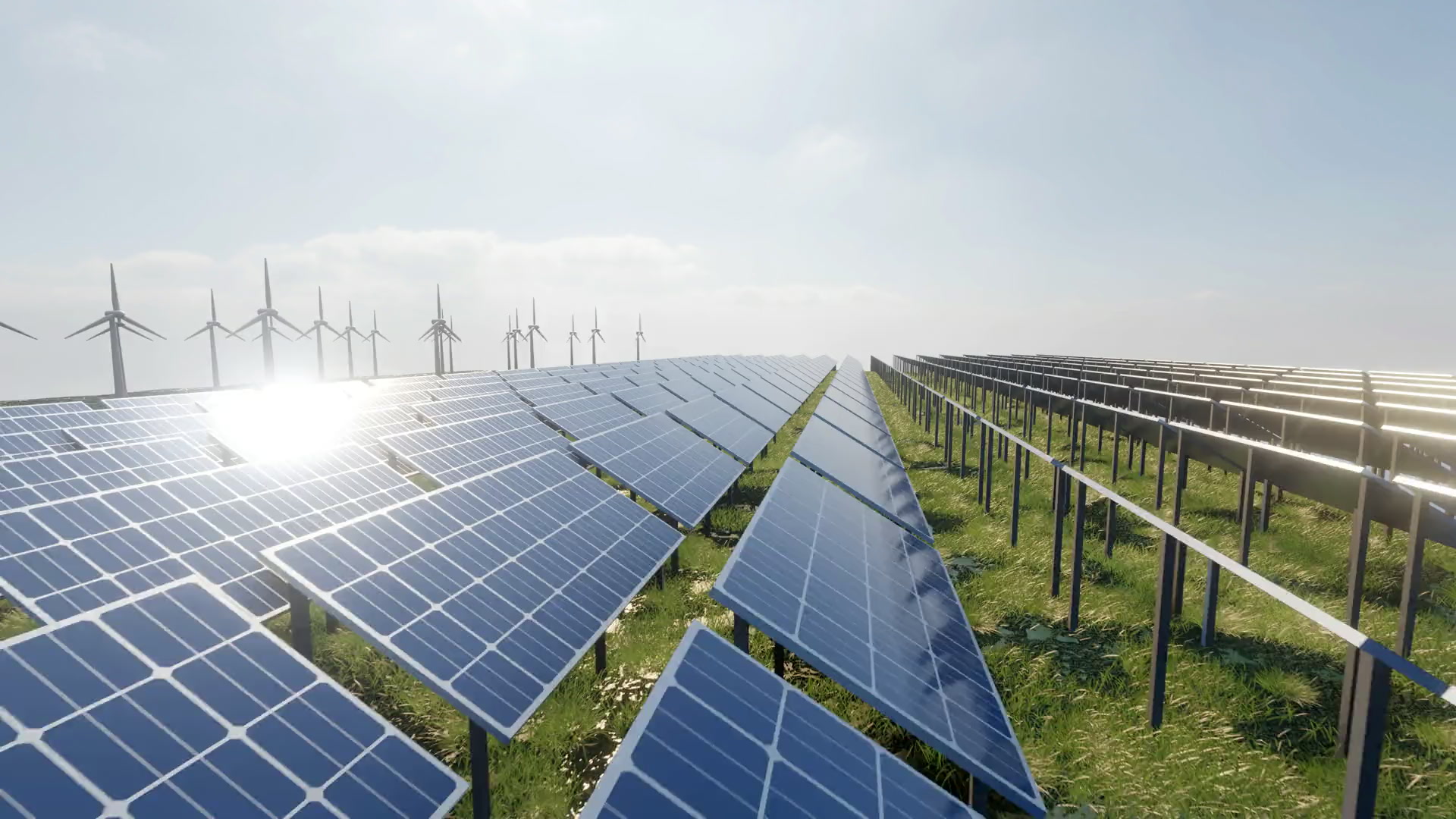 Solar panels and wind turbines in a renewable energy field
